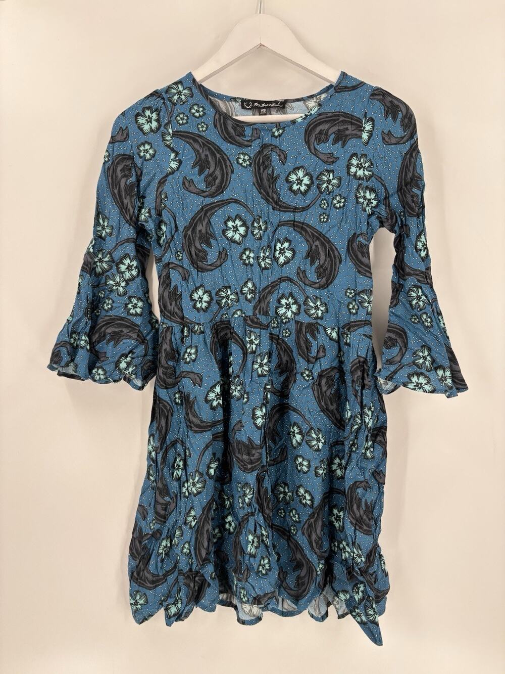 For Love & Lemons Dress Womens XS Blue Floral Paisley Mini Bell Sleeves Ruffle